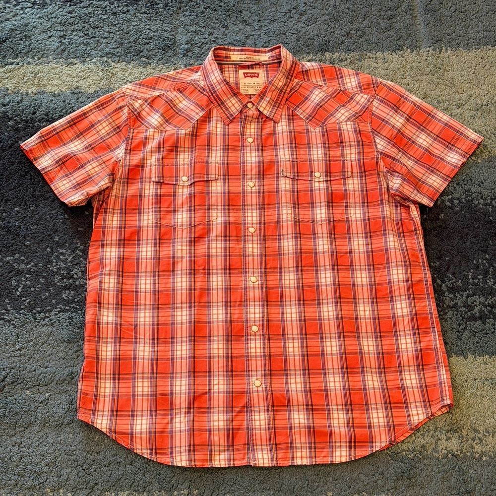 Levis Modern Fit Button Up Short Sleeve Shirt Orange Plaid Men's XL Pearl Snap